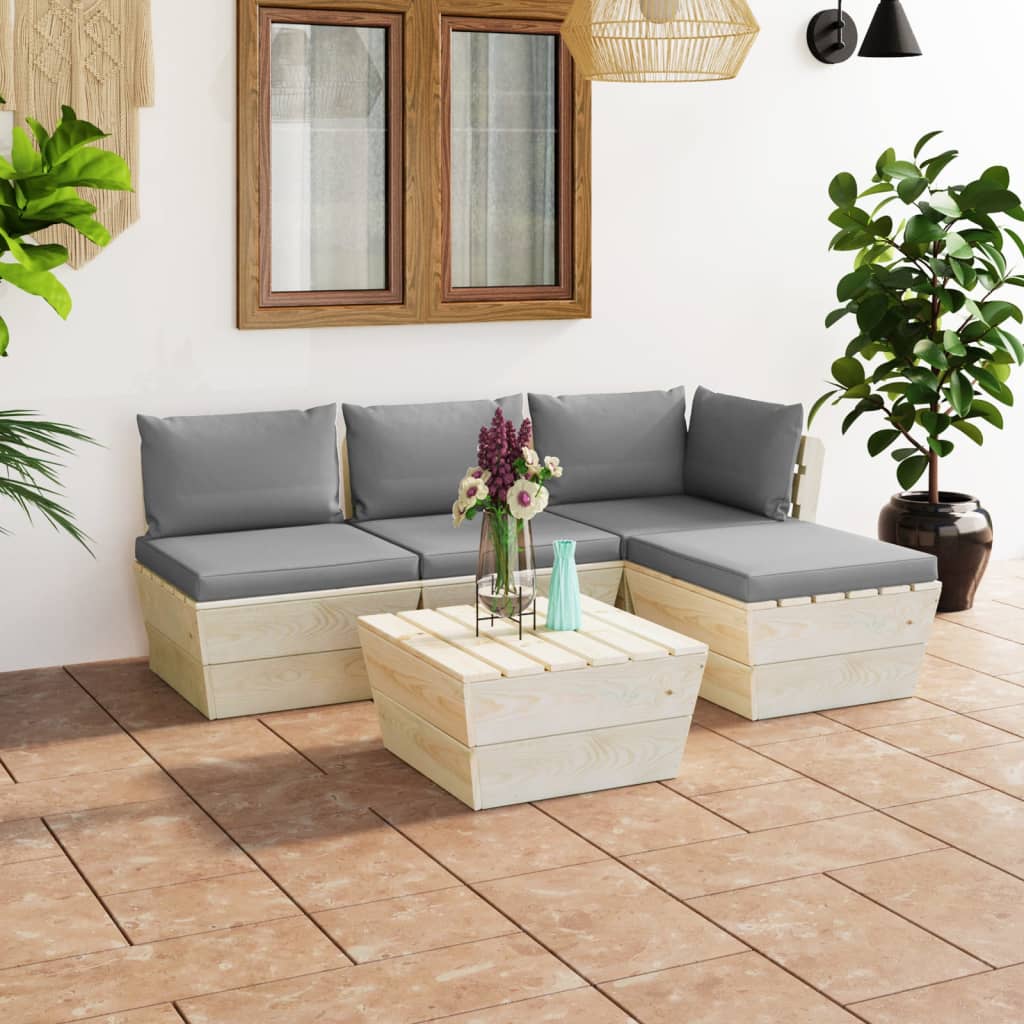 JUNG Vida 5-tlg. Garten-Sofagarnitur aus Paletten mit Kissen Fichtenholz