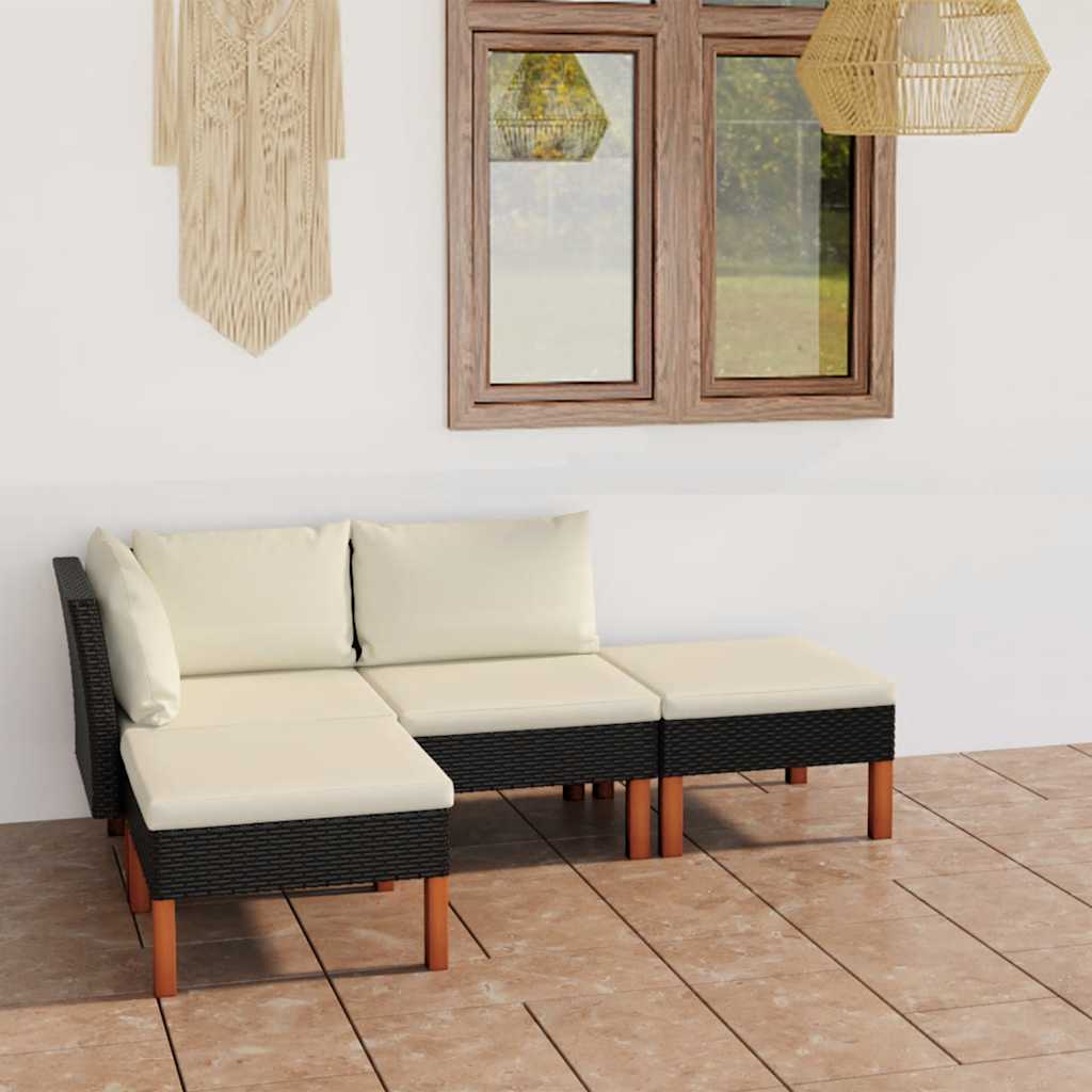 JUNG Vida 4-tlg. Garten-Lounge-Set mit Kissen Poly Rattan Schwarz