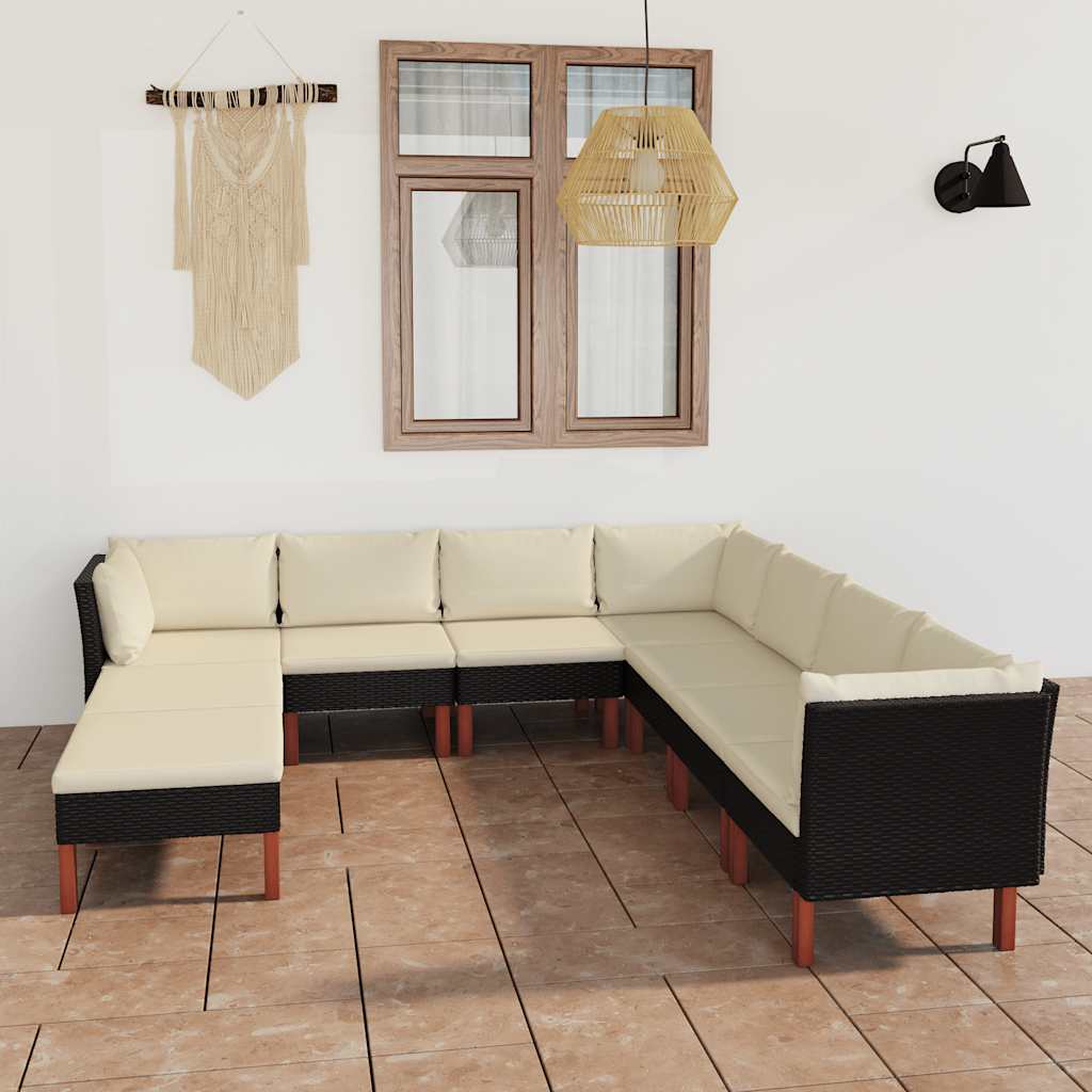 JUNG Vida 9-tlg. Garten-Lounge-Set mit Kissen Poly Rattan Schwarz
