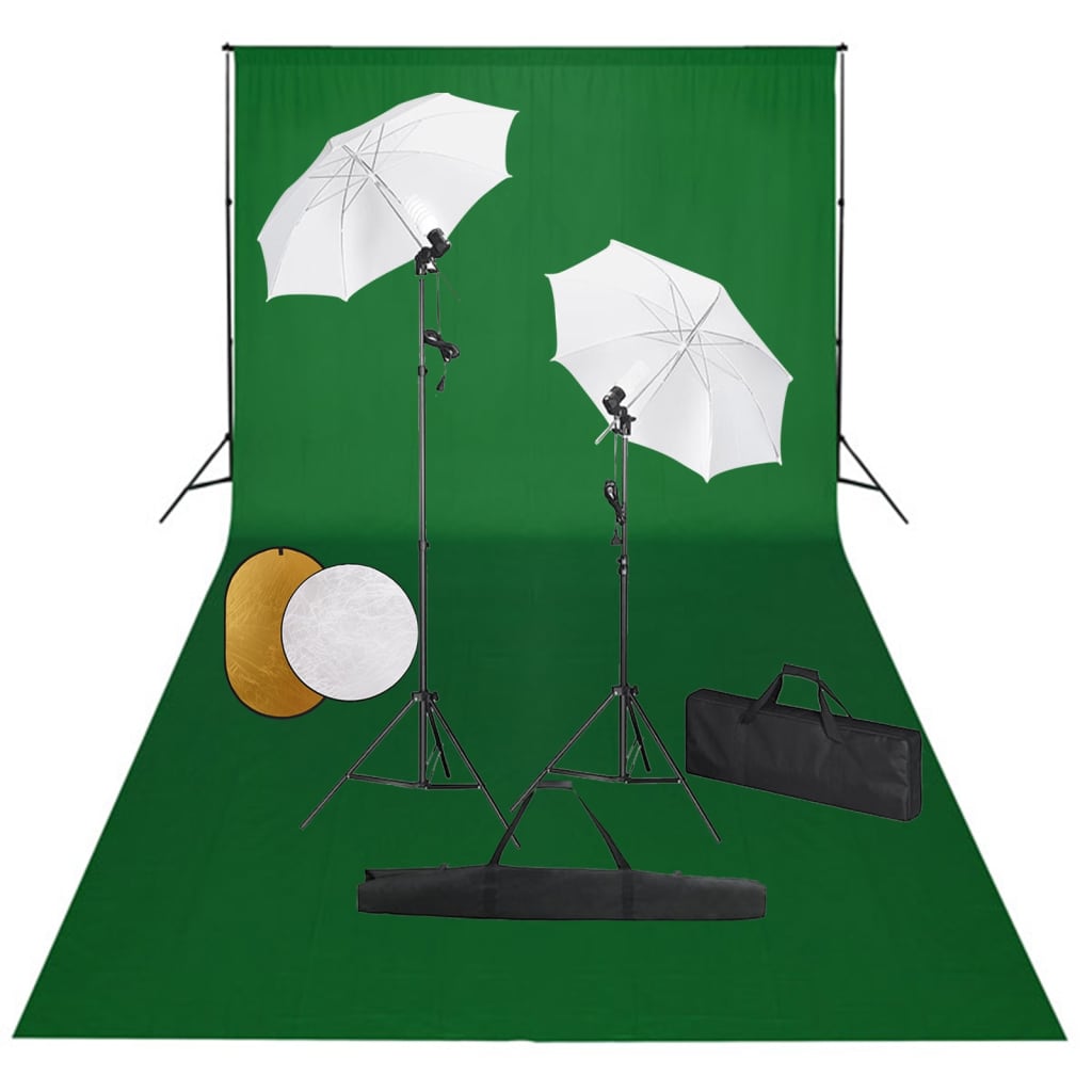JUNG Vida Fotostudio-Set mit Leuchten, Schirmen, Hintergrund, Reflektor
