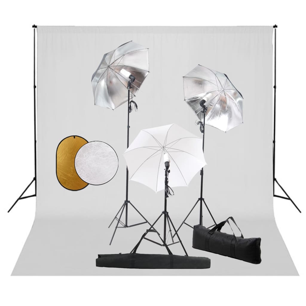JUNG Vida Fotostudio-Set mit Leuchten, Schirmen, Hintergrund, Reflektor