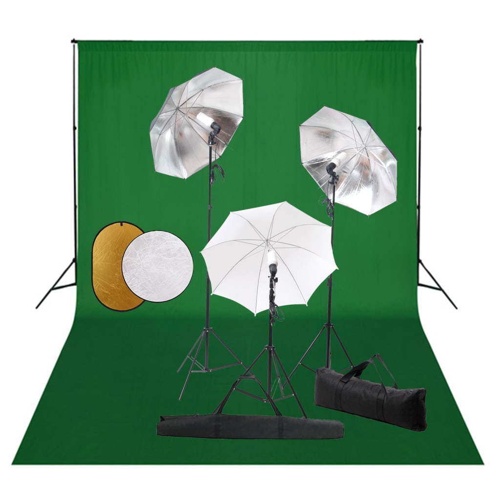JUNG Vida Fotostudio-Set mit Lampen, Schirmen, Hintergrund & Reflektor