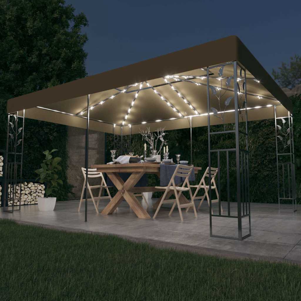 JUNG Vida Pavillon mit Doppeldach & LED-Lichterkette 3x4 m Taupe