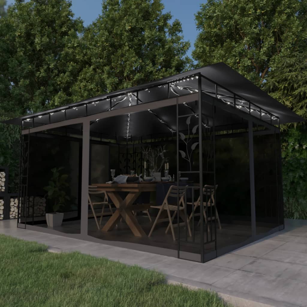 JUNG Vida Pavillon mit Moskitonetz & LED-Lichterkette 4x3x2,73m Anthrazit