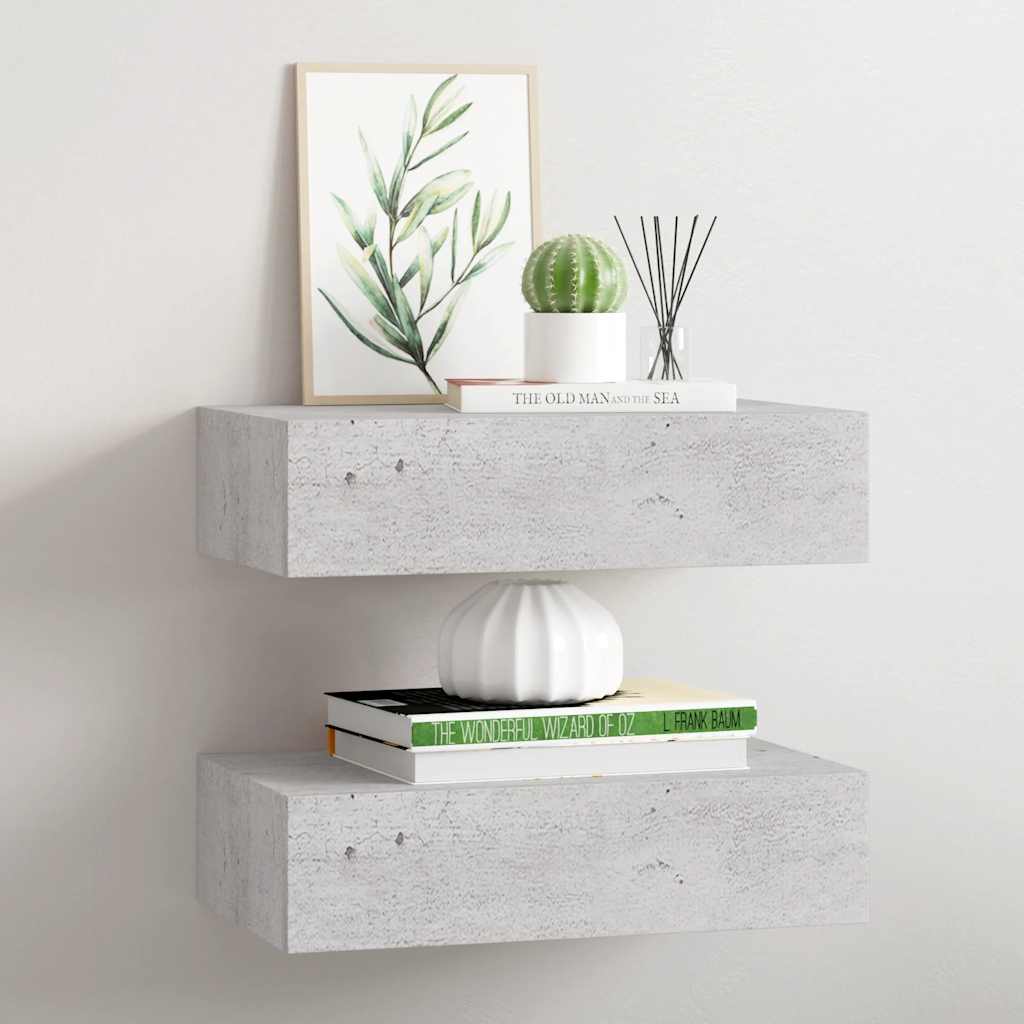 JUNG Vida Wandregale mit Schubladen 2 Stk. Betongrau 40x23,5x10 cm MDF