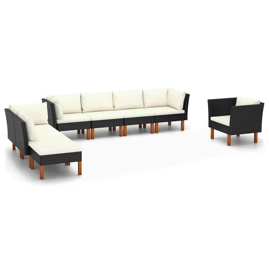 JUNG Vida 8-tlg. Garten-Lounge-Set Poly Rattan Eukalyptusholz Schwarz