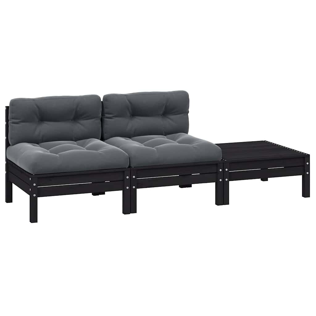 JUNG Vida 3-tlg. Garten-Lounge-Set mit Kissen Schwarz Kiefer Massivholz