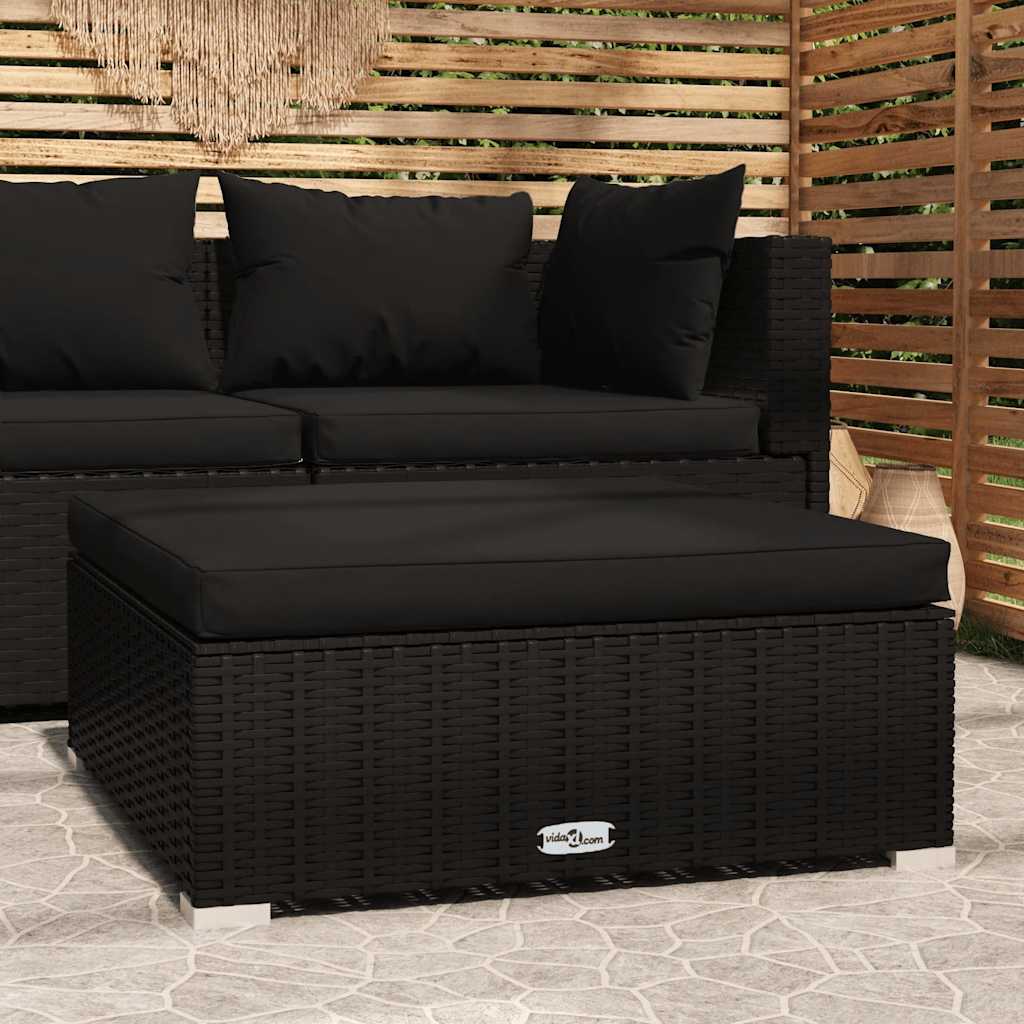 JUNG Vida Gartenhocker mit Kissen Schwarz 70x70x30 cm Poly Rattan