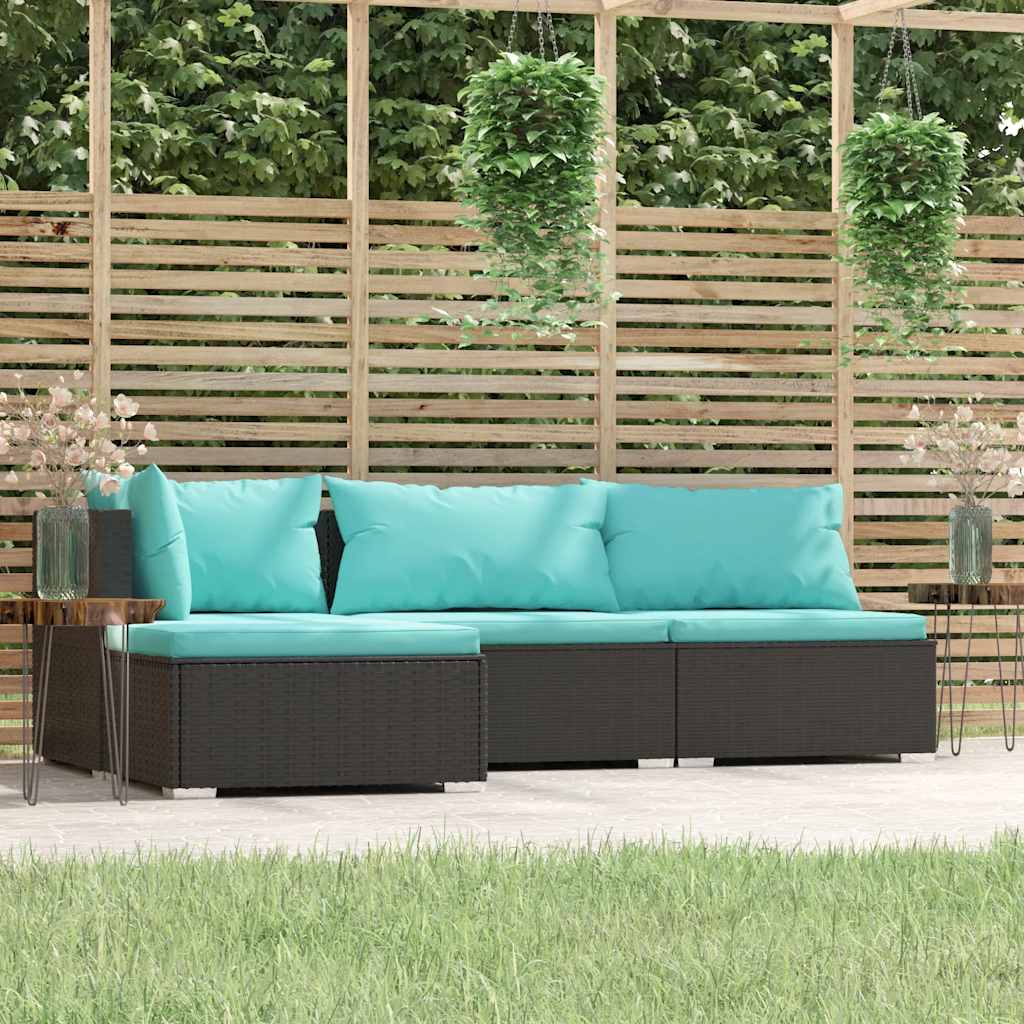 JUNG Vida 4-tlg. Garten-Lounge-Set mit Kissen Schwarz Poly Rattan