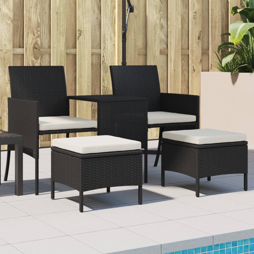 JUNG Vida Gartensofa 2-Sitzer mit Tisch und Hockern Schwarz Poly Rattan