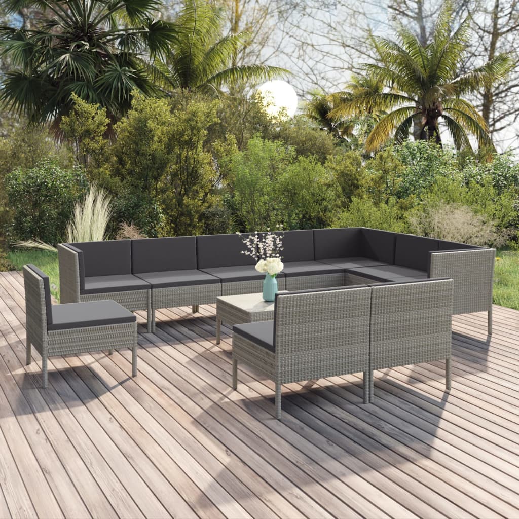 JUNG Vida 11-tlg. Garten-Lounge-Set mit Auflagen Poly Rattan Grau