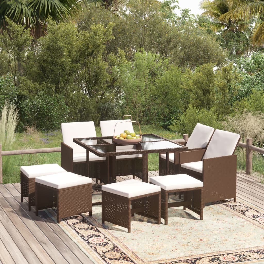 JUNG Vida 9-tlg. Garten-Essgruppe mit Kissen Poly Rattan Braun