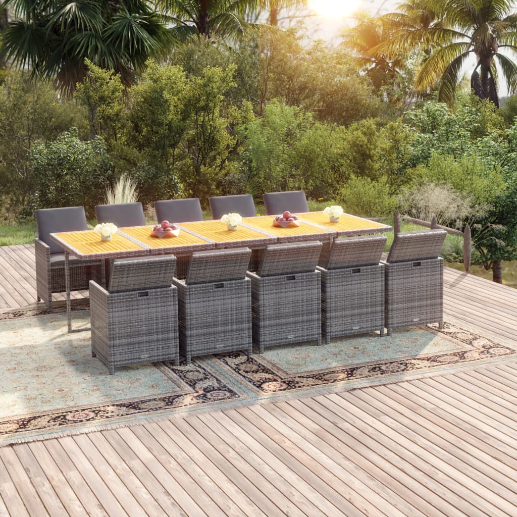 JUNG Vida 11-tlg. Garten-Essgruppe mit Auflagen Poly Rattan Grau