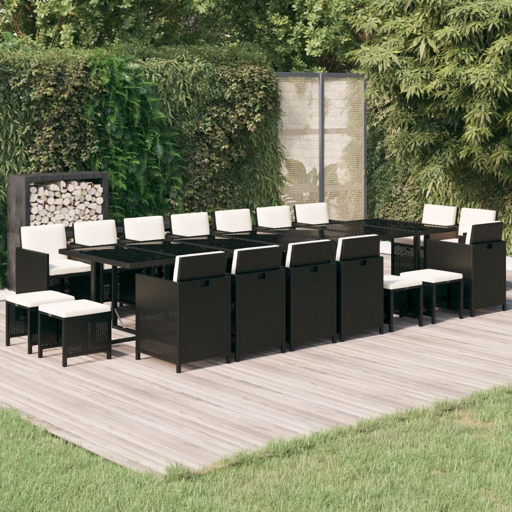 JUNG Vida 19-tlg. Garten-Essgruppe mit Kissen Poly Rattan Schwarz
