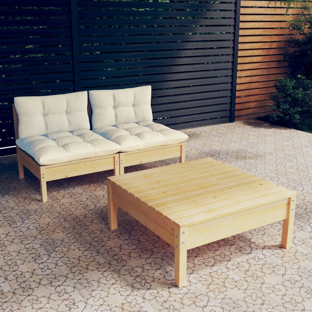 JUNG Vida 3-tlg. Garten-Lounge-Set mit Creme Kissen Kiefernholz