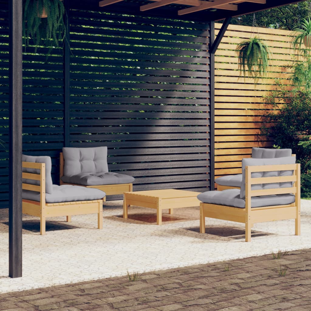 JUNG Vida 5-tlg. Garten-Lounge-Set mit Grauen Kissen Kiefernholz