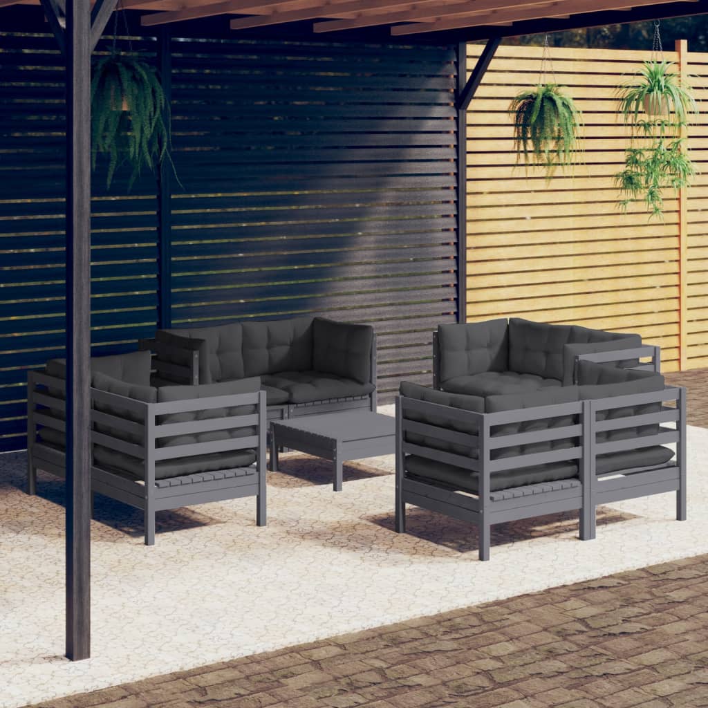 JUNG Vida 9-tlg. Garten-Lounge-Set mit Anthrazit Kissen Kiefernholz