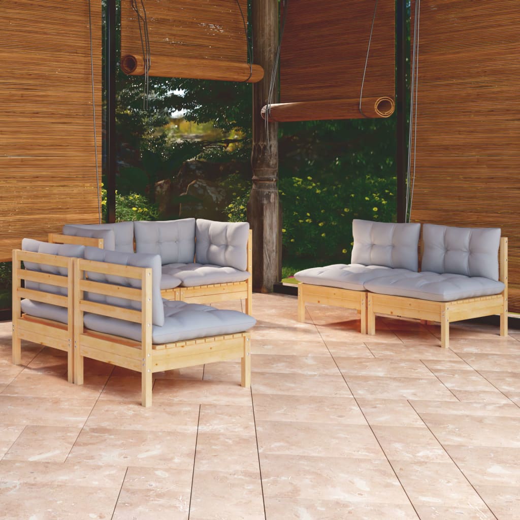JUNG Vida 6-tlg. Garten-Lounge-Set mit Grauen Kissen Kiefer Massivholz