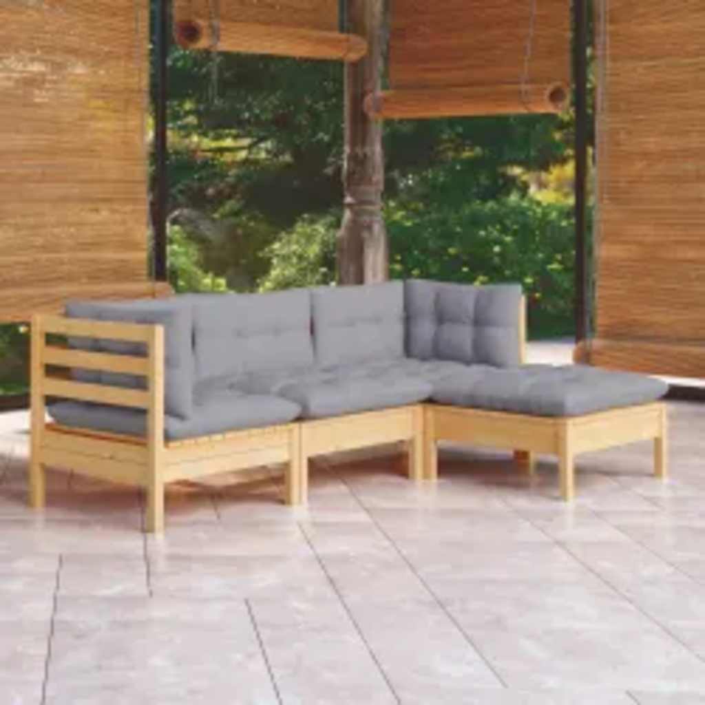 JUNG Vida 4-tlg. Garten-Lounge-Set mit Grauen Kissen Kiefernholz