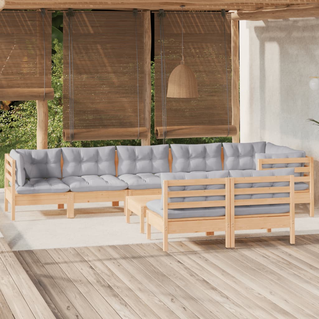 JUNG Vida 9-tlg. Garten-Lounge-Set mit Grauen Kissen Kiefer Massivholz