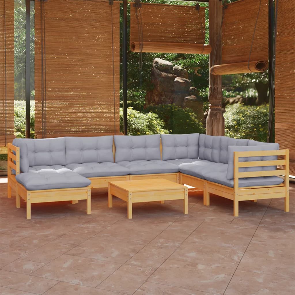 JUNG Vida 8-tlg. Garten-Lounge-Set mit Grauen Kissen Kiefer Massivholz