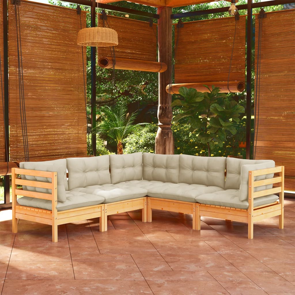 JUNG Vida 5-tlg. Garten-Lounge-Set mit Creme Kissen Massivholz Kiefer