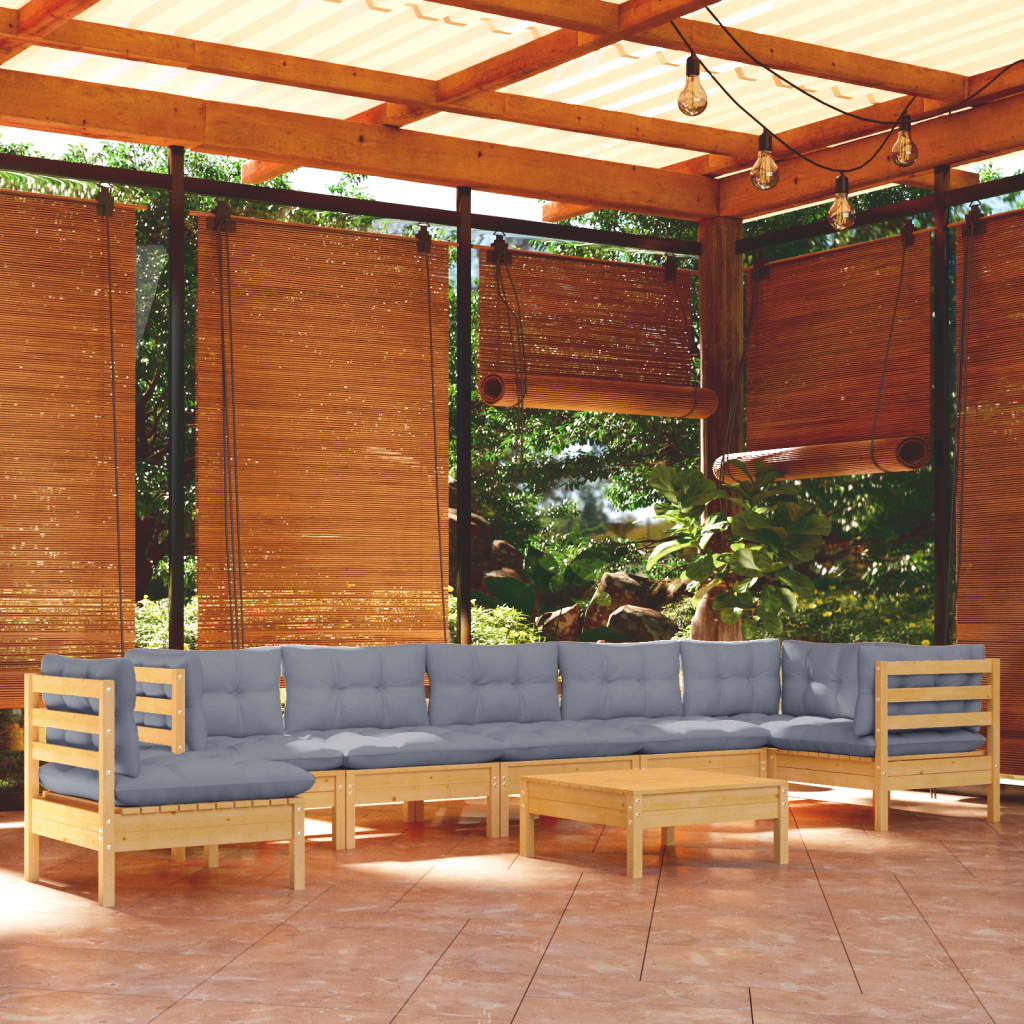 JUNG Vida 9-tlg. Garten-Lounge-Set mit Grauen Kissen Kiefer Massivholz