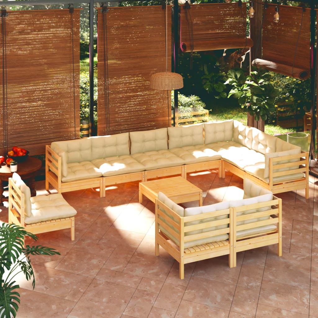 JUNG Vida 11-tlg. Garten-Lounge-Set mit Creme Kissen Massivholz Kiefer