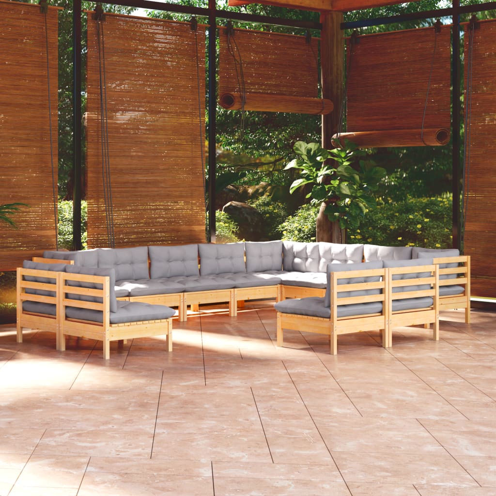 JUNG Vida 12-tlg. Garten-Lounge-Set mit Grauen Kissen Massivholz Kiefer