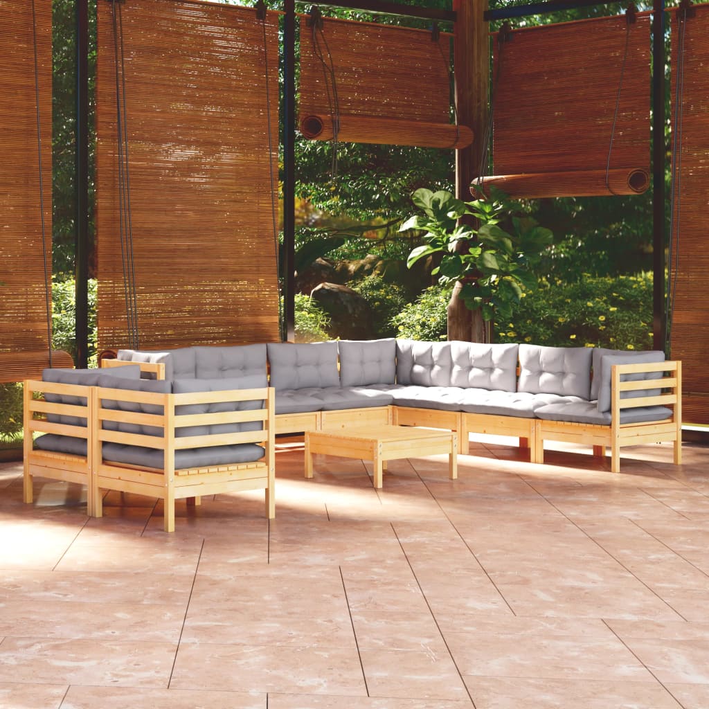 JUNG Vida 10-tlg. Garten-Lounge-Set mit Grauen Kissen Massivholz Kiefer