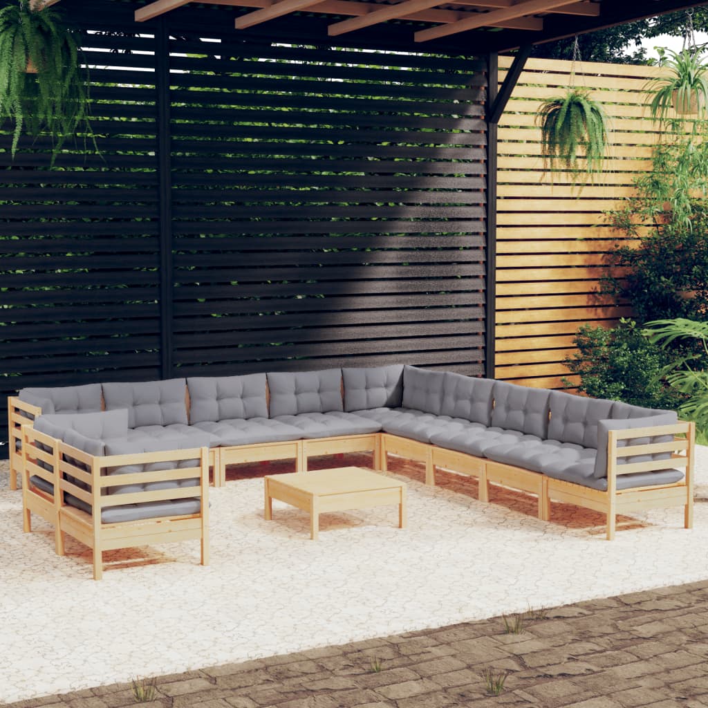 JUNG Vida 12-tlg. Garten-Lounge-Set mit Grauen Kissen Massivholz Kiefer