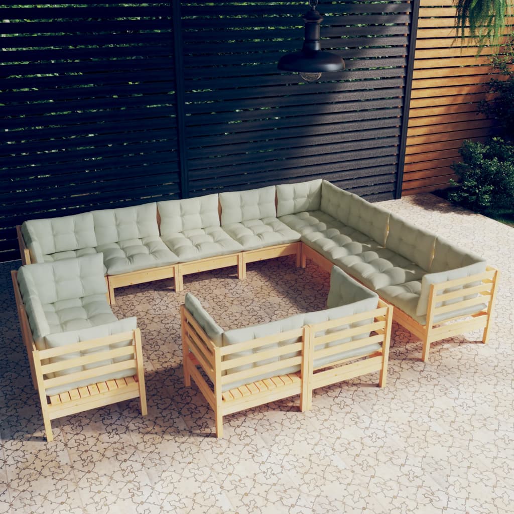 JUNG Vida 12-tlg. Garten-Lounge-Set mit Creme Kissen Massivholz Kiefer
