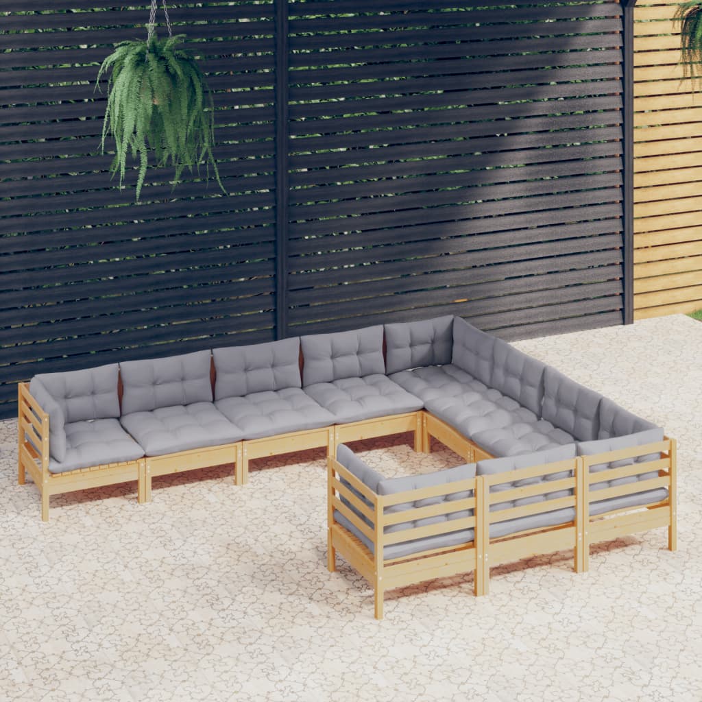 JUNG Vida 10-tlg. Garten-Lounge-Set mit Grauen Kissen Kiefernholz