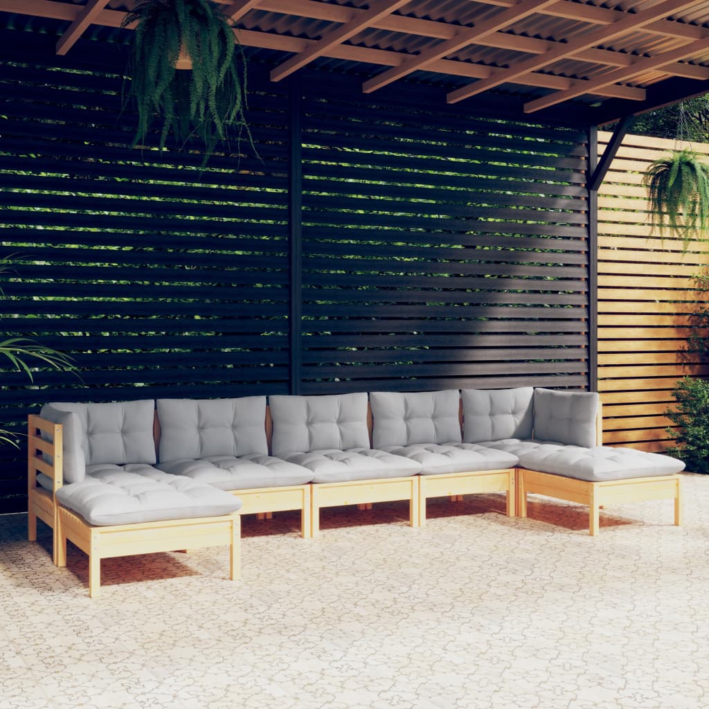 JUNG Vida 7-tlg. Garten-Lounge-Set mit Grauen Kissen Kiefernholz