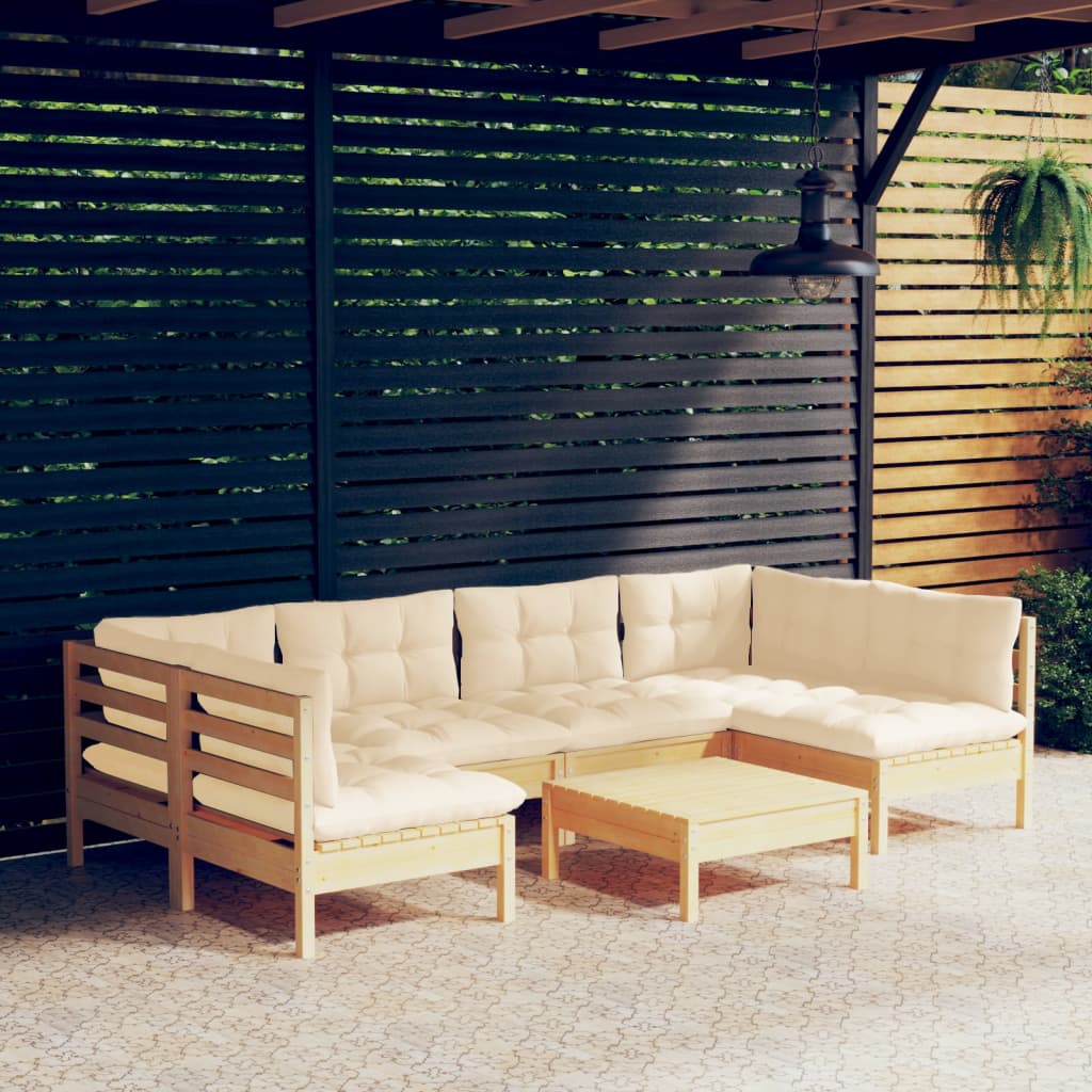 JUNG Vida 7-tlg. Garten-Lounge-Set mit Creme Kissen Massivholz Kiefer