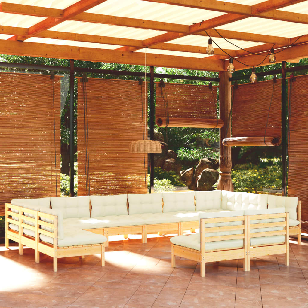 JUNG Vida 12-tlg. Garten-Lounge-Set mit Creme Kissen Massivholz Kiefer