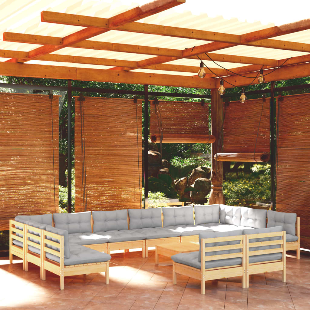 JUNG Vida 13-tlg. Garten-Lounge-Set mit Grauen Kissen Kiefer Massivholz