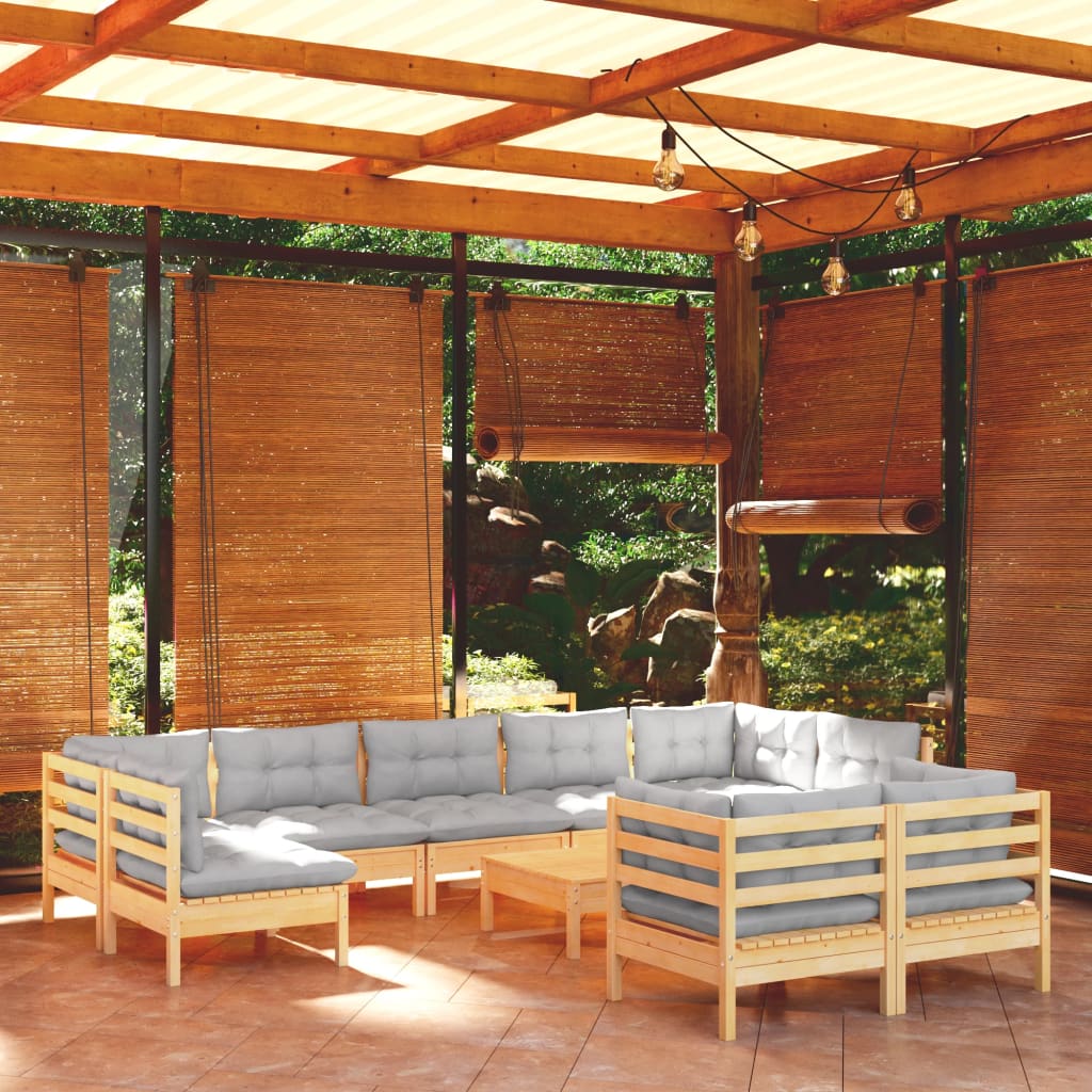 JUNG Vida 10-tlg. Garten-Lounge-Set mit Grauen Kissen Kiefer Massivholz