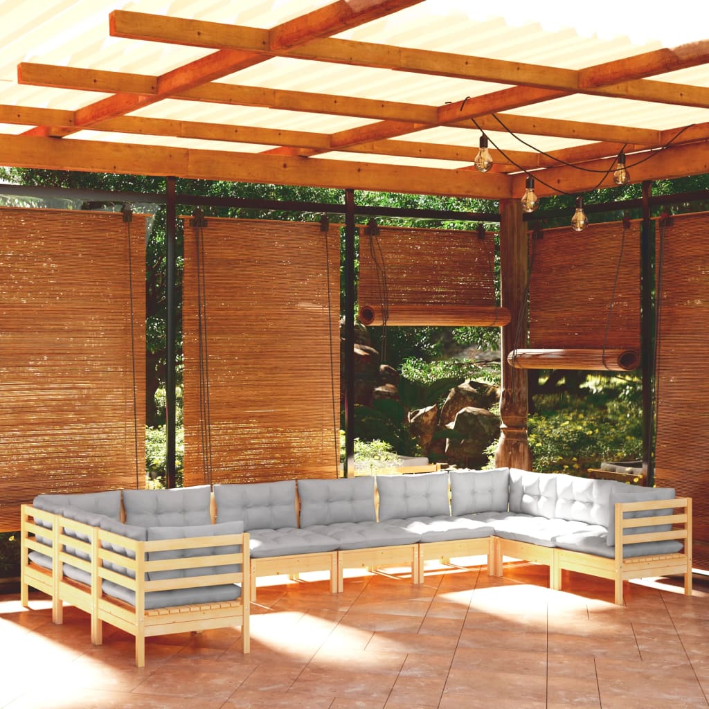 JUNG Vida 10-tlg. Garten-Lounge-Set mit Grauen Kissen Kiefernholz