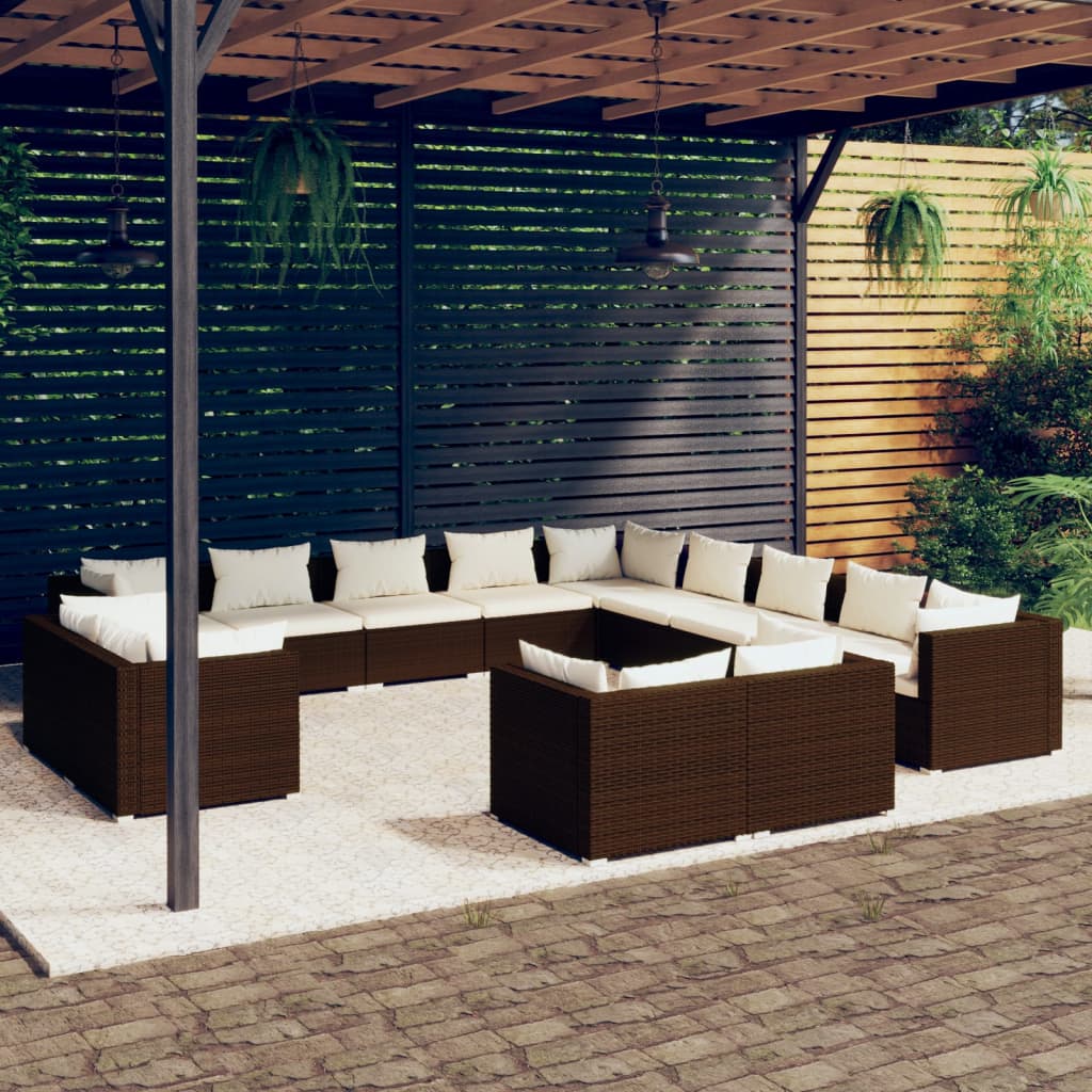 JUNG Vida 13-tlg. Garten-Lounge-Set mit Kissen Braun Poly Rattan