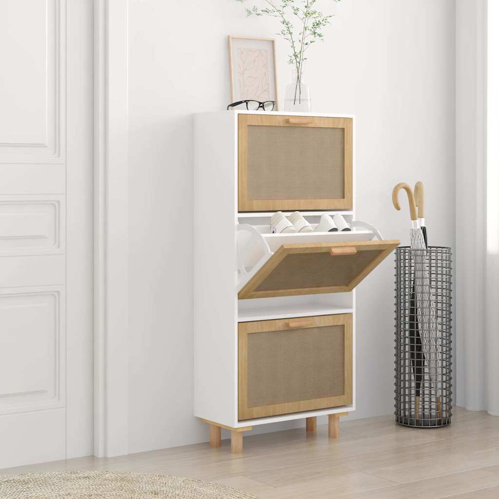 JUNG Vida Schuhschrank Weiß 52x25x115 cm Holzwerkstoff & Rattan Natur