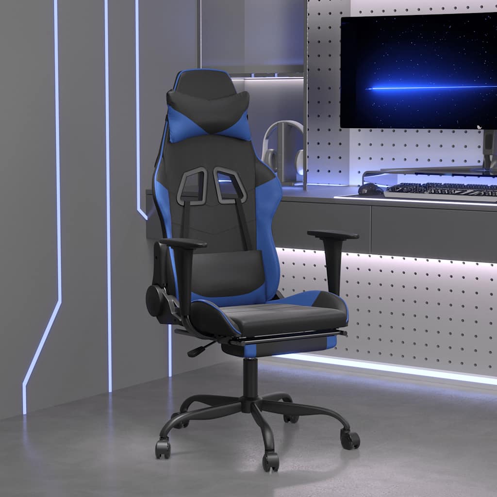 JUNG Vida Gaming-Stuhl mit Massage & Fußstütze Schwarz & Blau Kunstleder
