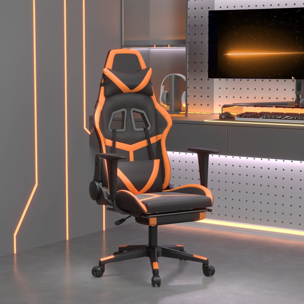 JUNG Vida Gaming-Stuhl mit Massage & Fußstütze Schwarz Orange Kunstleder