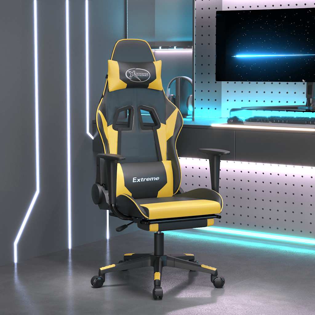 JUNG Vida Gaming-Stuhl mit Massage & Fußstütze Schwarz Golden Kunstleder