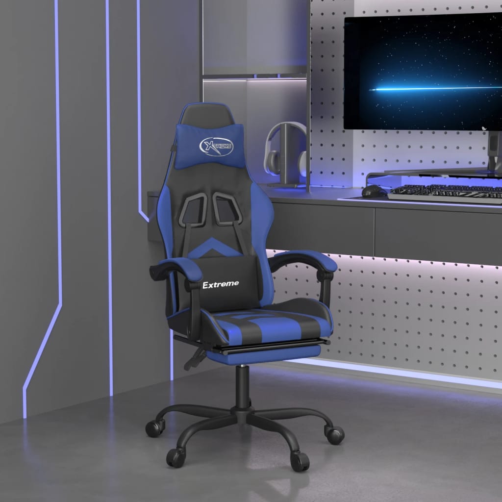 JUNG Vida Gaming-Stuhl mit Fußstütze Schwarz und Blau Kunstleder