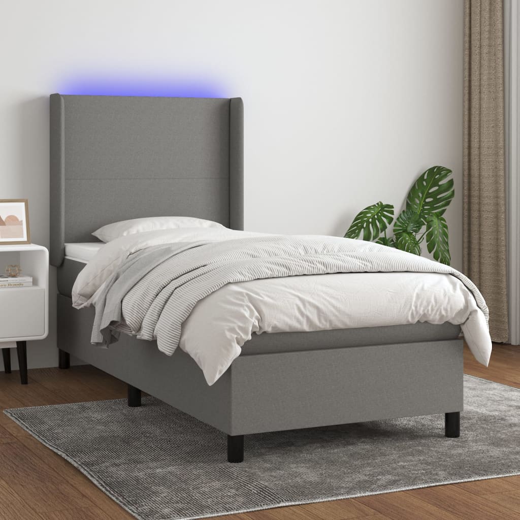 JUNG Vida Boxspringbett mit Matratze & LED Dunkelgrau 100x200 cm Stoff