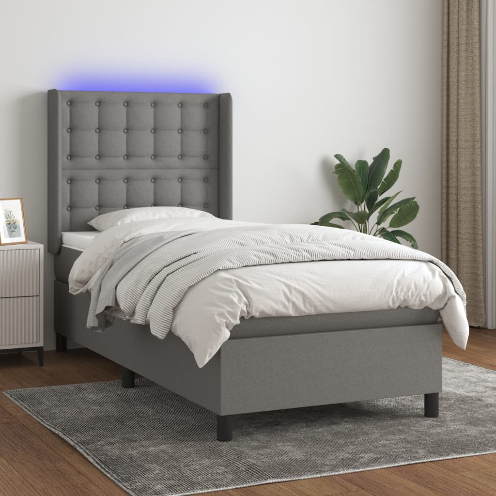 JUNG Vida Boxspringbett mit Matratze & LED Dunkelgrau 90x190 cm Stoff