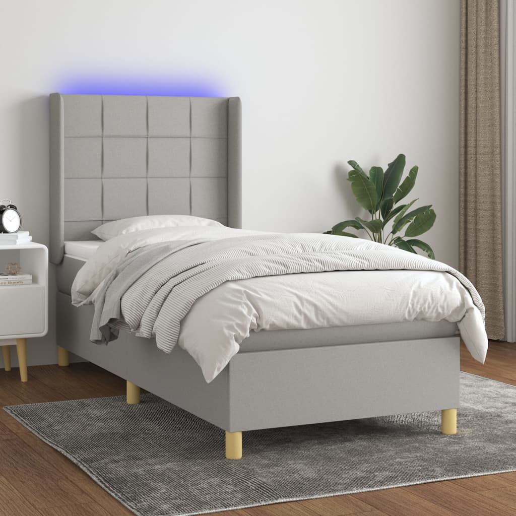JUNG Vida Boxspringbett mit Matratze & LED Hellgrau 100x200 cm Stoff