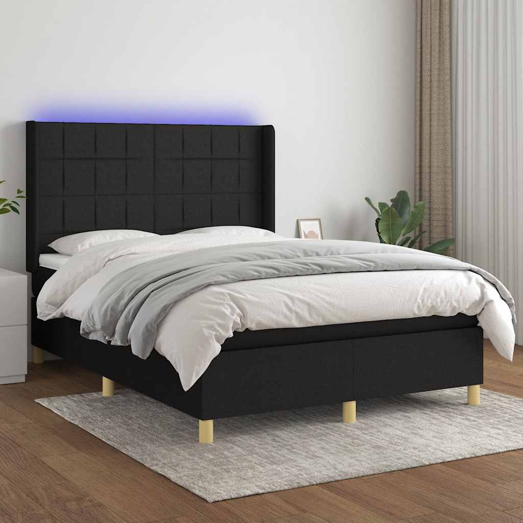 JUNG Vida Boxspringbett mit Matratze & LED Schwarz 140x190 cm Stoff