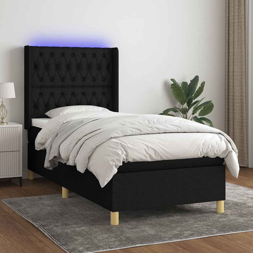JUNG Vida Boxspringbett mit Matratze & LED Schwarz 90x190 cm Stoff